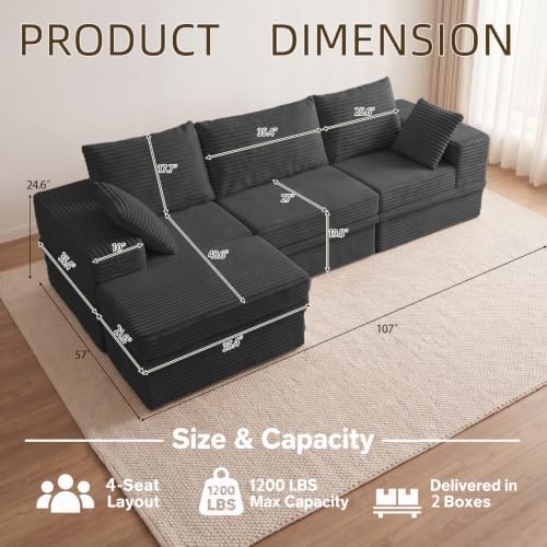 107" L-Shaped Modular Sectional Sofa with Movable Ottoman, Oversized Bon...