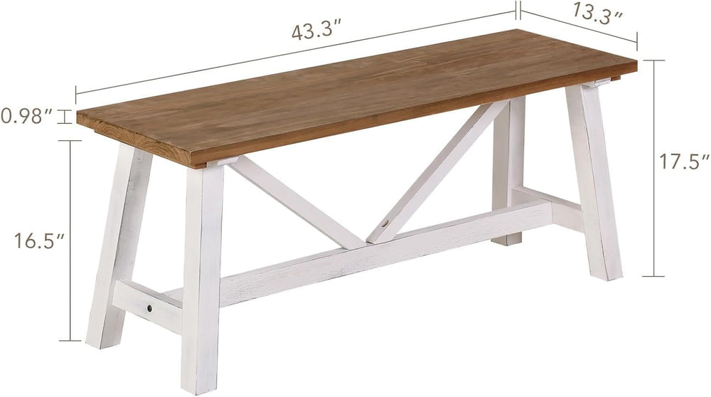 Wnutrees 43" Farmhouse Solid Wood Bench, Narrow Long Seat, White | Entry...