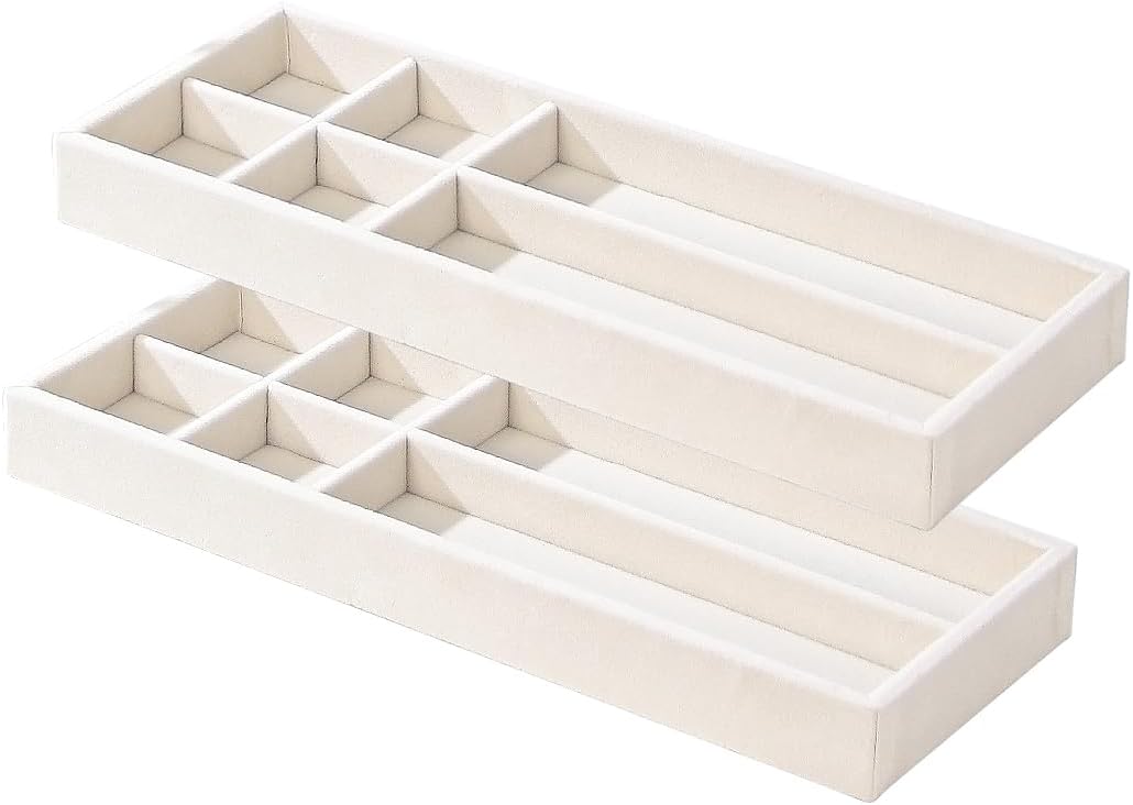 2Pcs Desk Drawer Storage Tray, Nightstand Organizer, Necklace Bracelet Ring Earring Jewelry Display, Grid Table Organizer Holder for Sunglass, Phone, Watch, Perfume (6 grid)/Beige