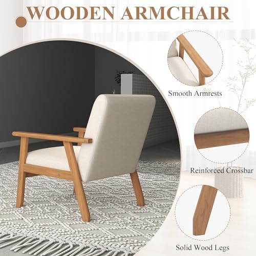 Mid-Century Accent Chairs Set of 2, Solid Wood for Living Room, Beige Linen