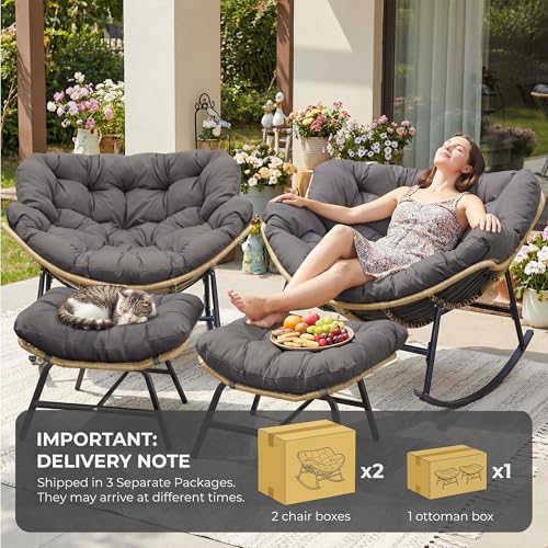NICESOUL Outdoor Rocking Papasan Chair Set of 2 with Cushions, Comfy Oversize...