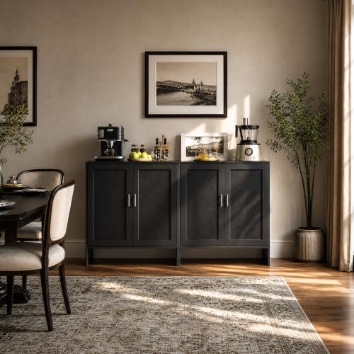 DHZ Buffet Cabinet with Storage, Farmhouse Sideboard with Black Rattan Doors ...
