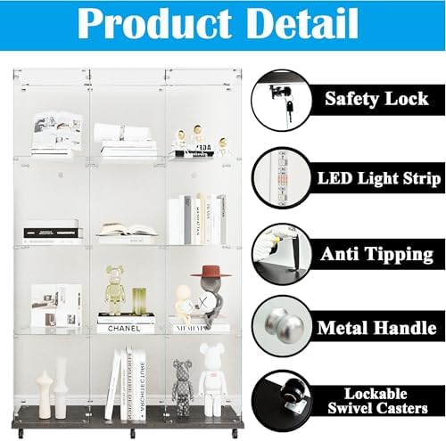 65" H 4-Shelf Glass Display Storage Cabinet with LED Lights Strip & ...