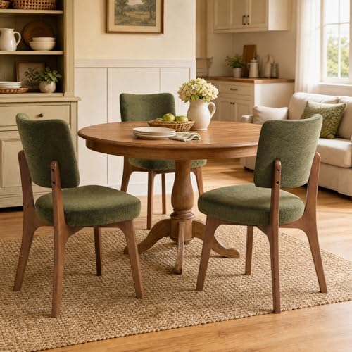 YOUNIKE Wooden Dining Chair, Chenille Fabric Upholstered Dining Room Chair Kitchen Side Chair, Farmhouse Dinner Chair with Solid Wood Legs for Kitchen Dining Vanity, Green (Single Pack)