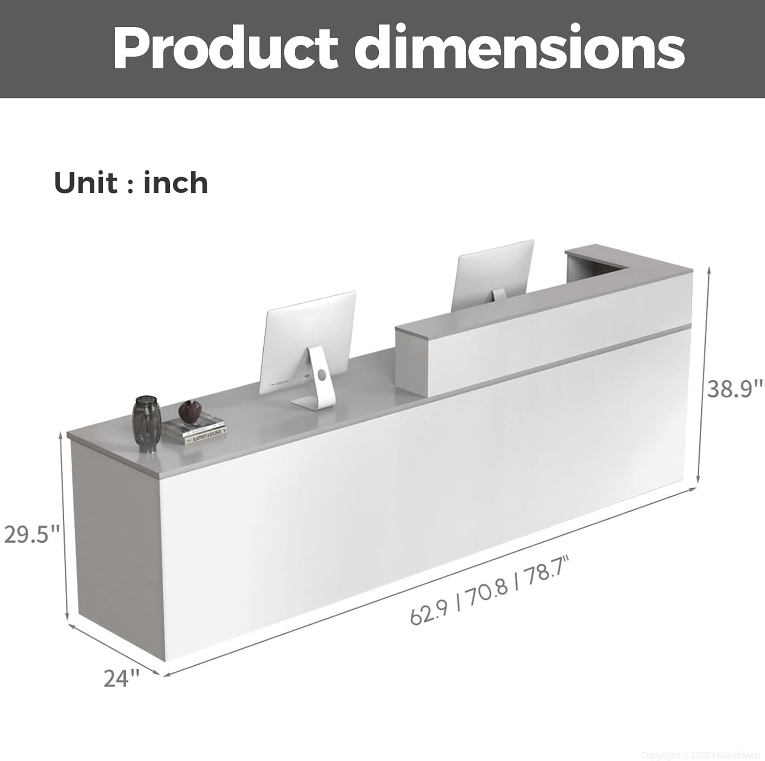 L Shape Reception Desk with Counter, Lockable Drawer, Keyboard Tray, and Double-Layer Storage for Salon, Office, or Clinic(White+Gray/Left, 63" L*24" W*39" H)
