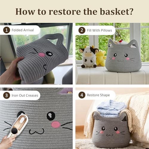 VK VK·LIVING Cat Storage Basket - Large Woven Cotton Rope Toy & Laundry Organizer with Handles for Nursery, Bedroom, Living Room, Holds Blankets, Clothes, Toys (15”D x 14”H)