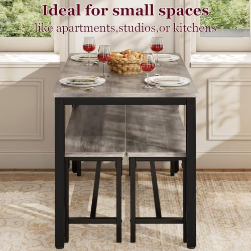 Dining Table Set for 4, 3-Piece Kitchen Table with 2 Benches, Grey