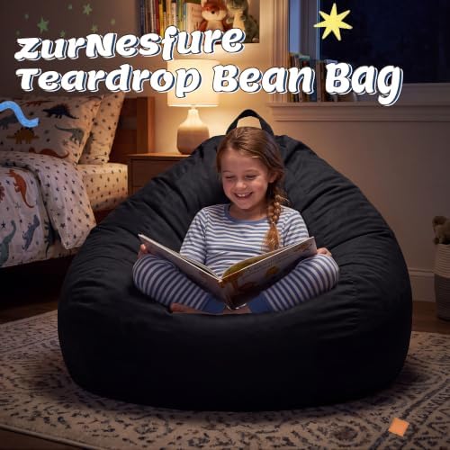 ZurNesfure Bean Bag Chair, Teardrop Large Bean Bag with Filling Black, 3FT | ...