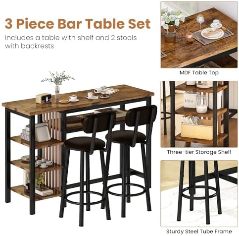 Bar Table and Chairs Set, 47'' Counter Height Dining Table Set with S...