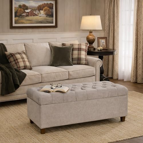 Homepop Home Decor | Tufted Ainsley Button Storage Ottoman Bench with Hinged Lid | Ottoman Bench with Storage for Living Room & Bedroom, Grey