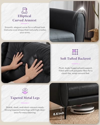 61'' Small Leather Loveseat and Chair, 3 Piece Living Room Sets, Black
