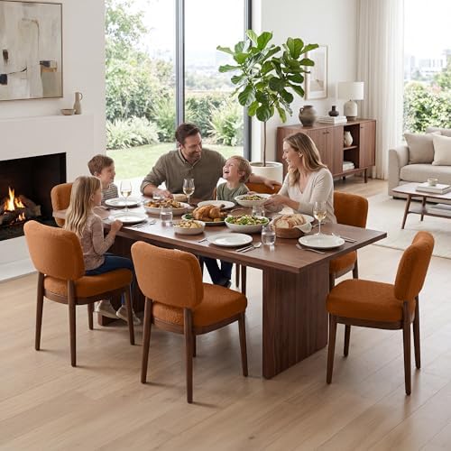 Wooden Dining Chairs Set of 6, Boucle Upholstered Kitchen Chairs with Solid W...