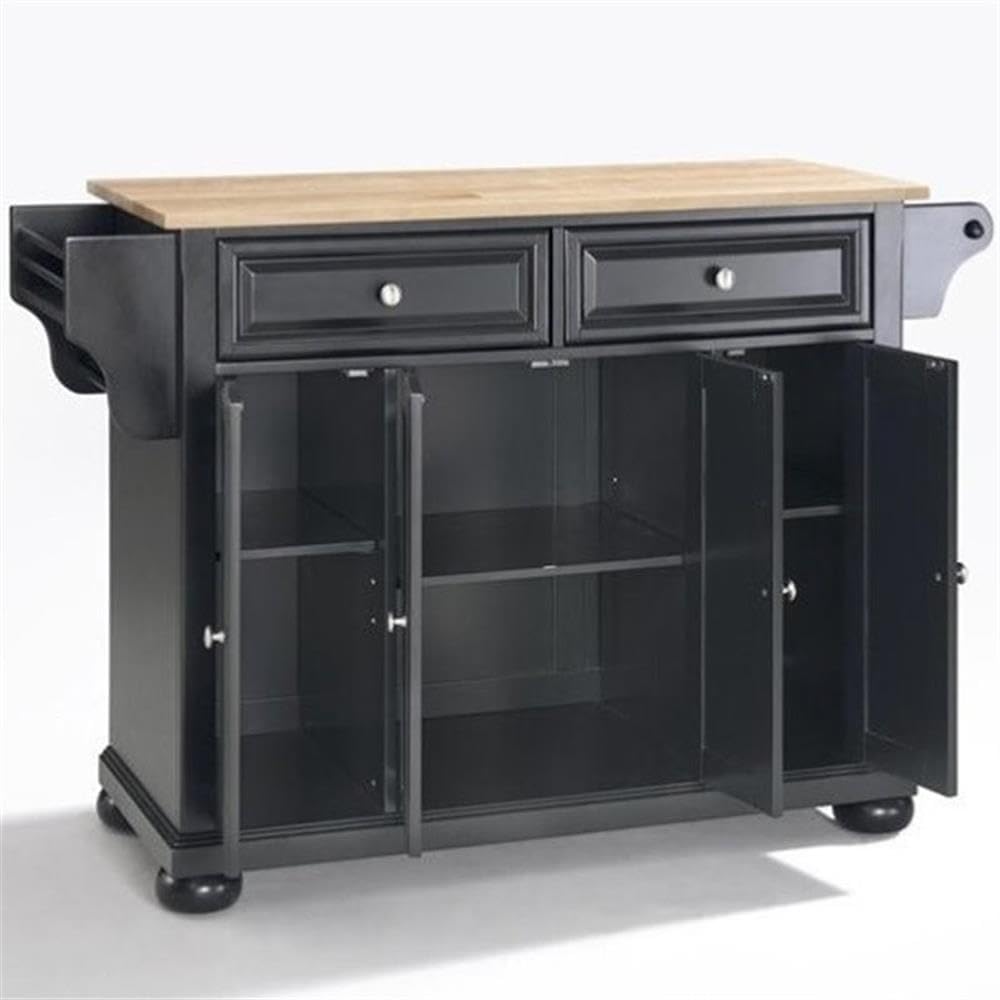 Pemberly Row Traditional Wood Kitchen Island, 51.5 in W x 18 in D x 34 in H, Solid Hardwood and Veneer Construction, Black/Natural Finish, Adjustable Shelves, Storage Drawers, Spice Rack, Towel Bar