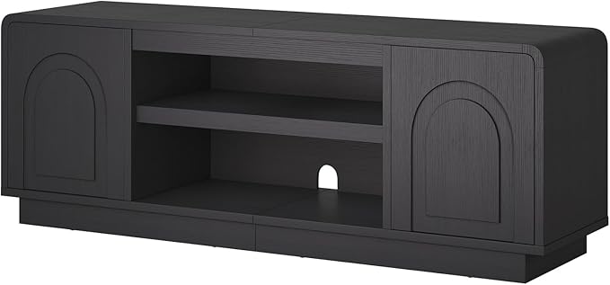 Bestier 63" Mid Century Modern TV Stand for Living Room, Wood Media Console Cabinet for TVs up to 70", Entertainment Center with 2 Arched Doors, Adjustable Shelves & 6 Cable Holes, Black