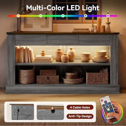 Miereirl 63" Console Table with Drawers & LED Light, Brown & Dar...