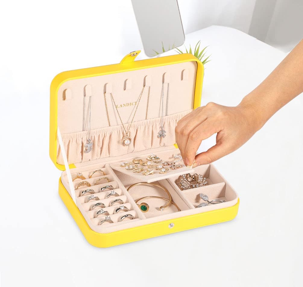 LANDICI Small Jewelry Box for Women Girls, PU Leather Travel Jewelry Organizer Case, Portable Jewellery Storage Holder Display for Ring Earrings Necklace Bracelet Bangle Watch Men Kids Gift, Yellow