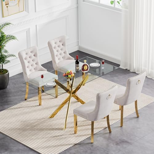 51" Modern Gold Glass Dining Room Table Set for 4, 5-Piece Rectangle Kit...