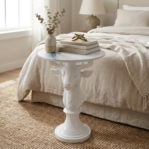 Modern Accent TableLiving Room White Deer Statue Contemporary‌ Faux Marble Ni...