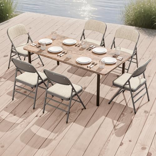 6 Pack Padded Folding Chairs with Fabric Cushion and Back, Oatmeal Stripe | H...