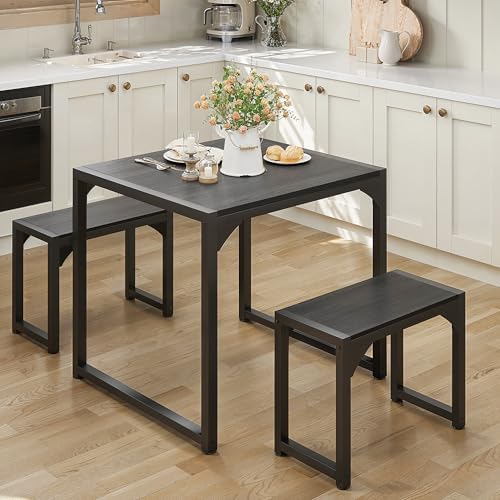 Gizoon Square Dining Table Set for 2, Kitchen Table with 2 Benches Black