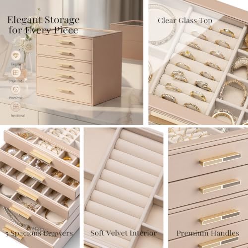 VLANDO 5-Drawer Jewelry Box with Glass Lid, Faux Leather Organizer for Rings Earrings Necklaces and More, Gift-Ready Jewelry Case for Women Girls or Moms, Latte