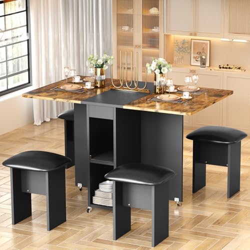 AWQM Folding Dining Table Set for 4, Storage Folding Table & Chair, Walnut