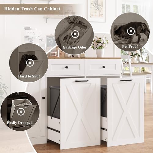 HOSTACK 12.5 Gallon Trash Can Cabinet, 47"W Dual Garbage Can Cabinet, White