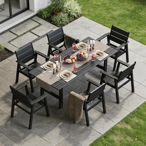 HDPE Outdoor Dining Table and Chairs, 7-Piece Patio Table and Chairs Set, Out...