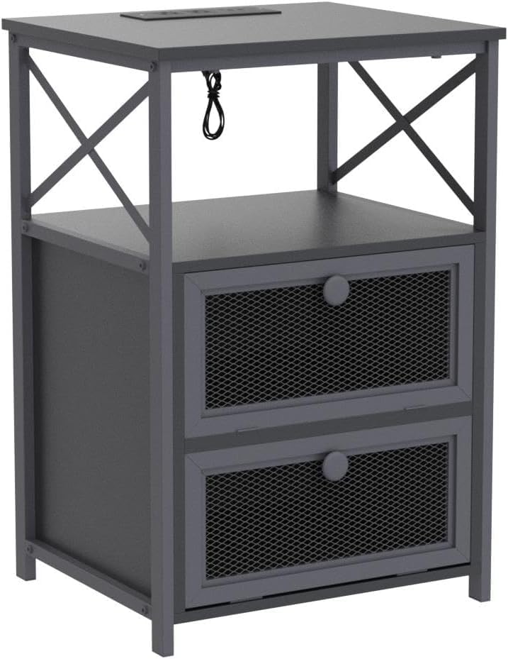 VECELO Black End Table with USB Ports and Outlets,24 Inch Nightstands with Ch...