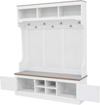 VilroCaz Versatile Hall Tree with 7 Hooks and Shoe Storage, 71''H Farmhouse Wood Coat Rack Entryway Storage Organizer Cabinet with 4 Shoe Cubbies, 54.30'' Wide Hall Tree for Entrance Hallway