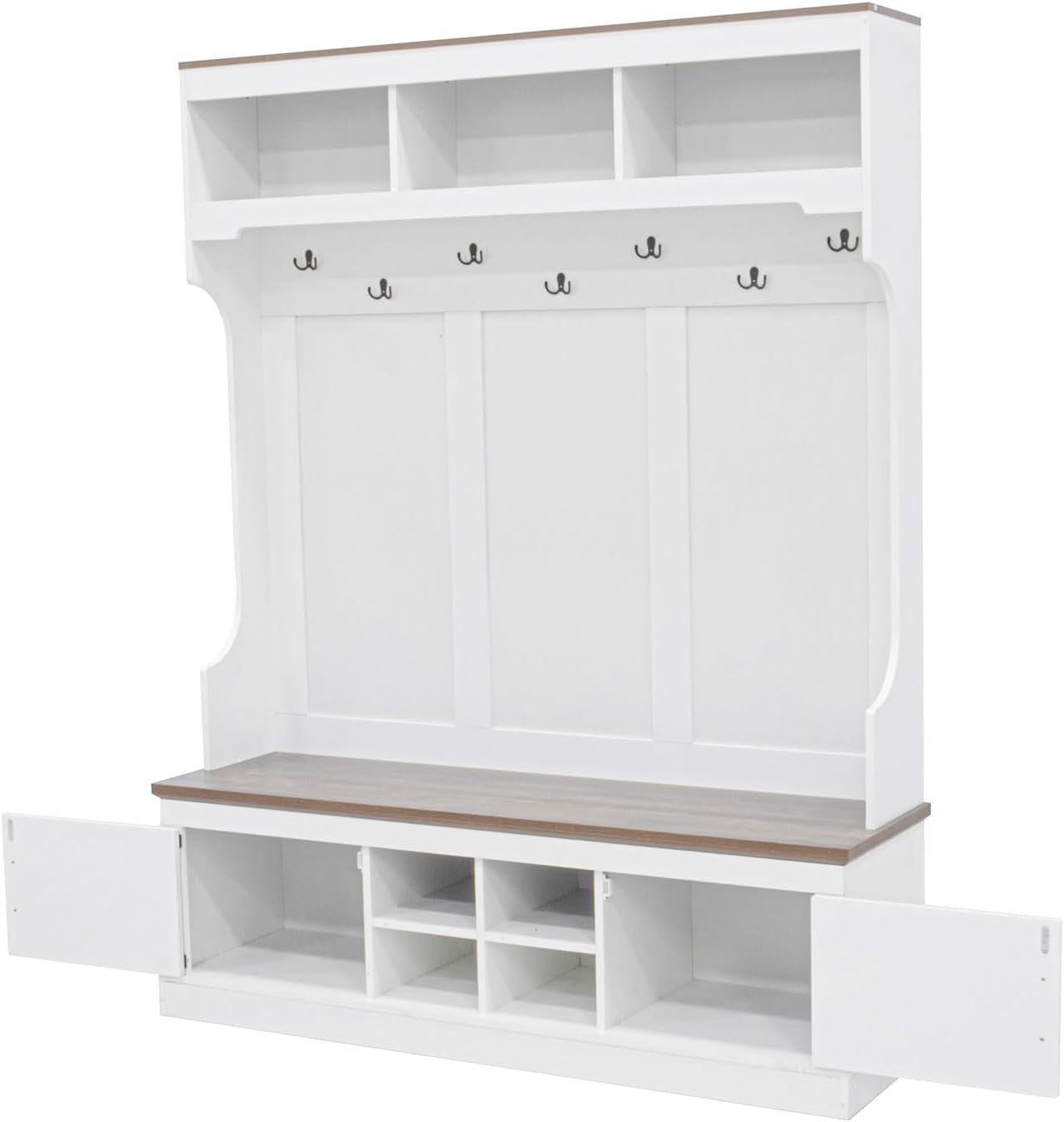 VilroCaz Versatile Hall Tree with 7 Hooks and Shoe Storage, 71''H Farmhouse Wood Coat Rack Entryway Storage Organizer Cabinet with 4 Shoe Cubbies, 54.30'' Wide Hall Tree for Entrance Hallway