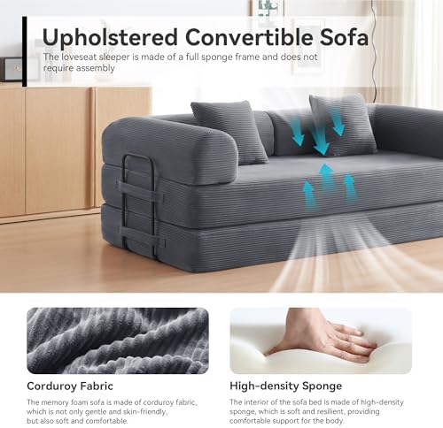 79" Convertible Sofa Bed, Couch for Living Room (Dark Gray) | Corduroy L...