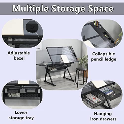 Drafting Table for Artists, Glass Drawing Table with Stool,T1-Black
