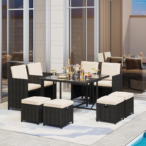 Yaheetech 9 Pcs Patio Dining Sets, Rattan Chairs w/Glass Table Black/Beige