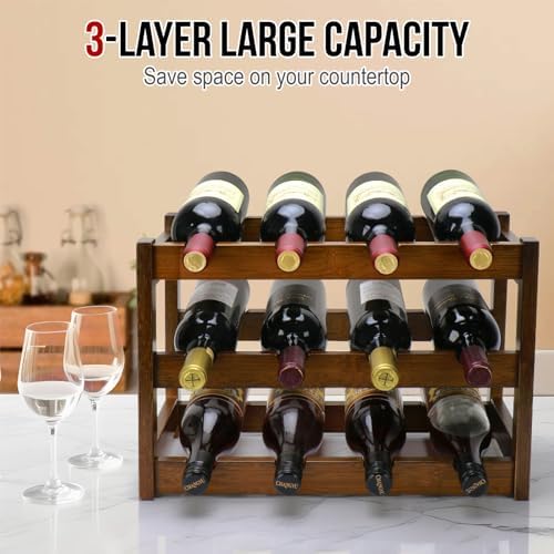 Bamboo Wine Rack, 3-Tier 12 Bottles Wine Storage Cabinet Shelf | Easy Assembl...