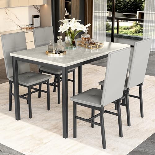Hooseng Dining Table Set for 4, Faux Marble Small Kitchen Table with 4 PU Lea...