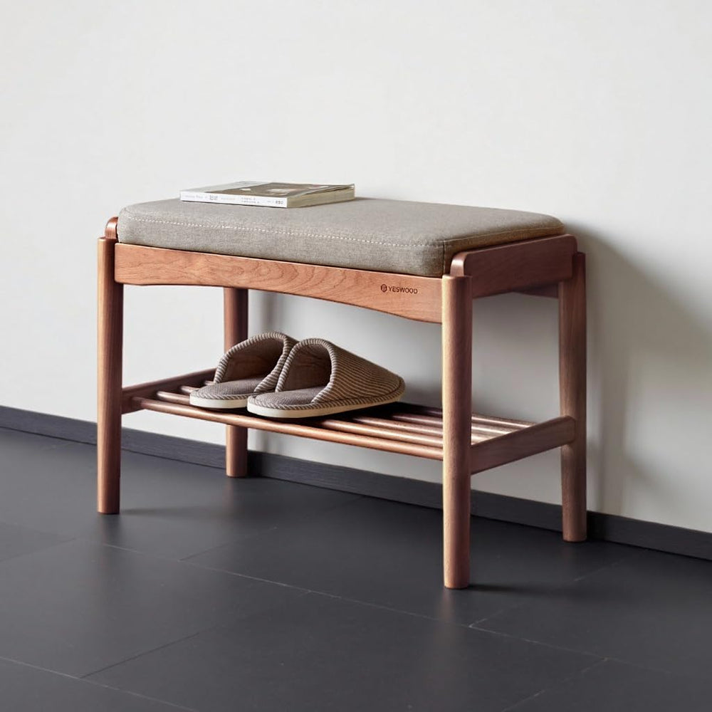 Solid Wood Shoe Bench, 24 Inch Entryway Bench with Gray Cushion | Rich walnut...