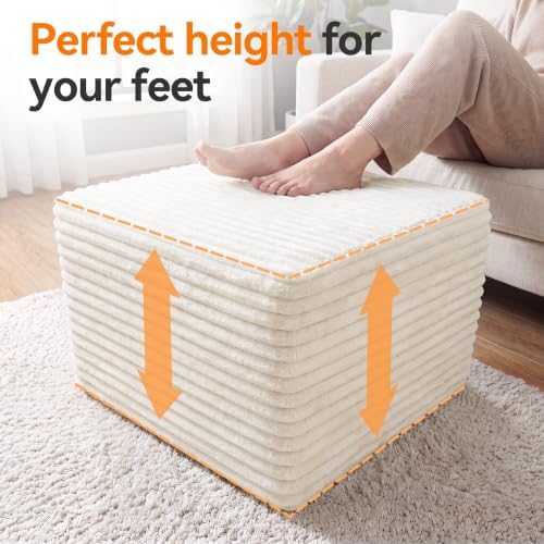 23in Square Pouf Ottoman, Large Corduroy Ottoman Foot Rest with Solid High-De...