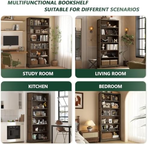 TVU 6 Tiers Wooden Bookshelf, 77.2" Tall Farmhouse Style Open Bookcase, ...