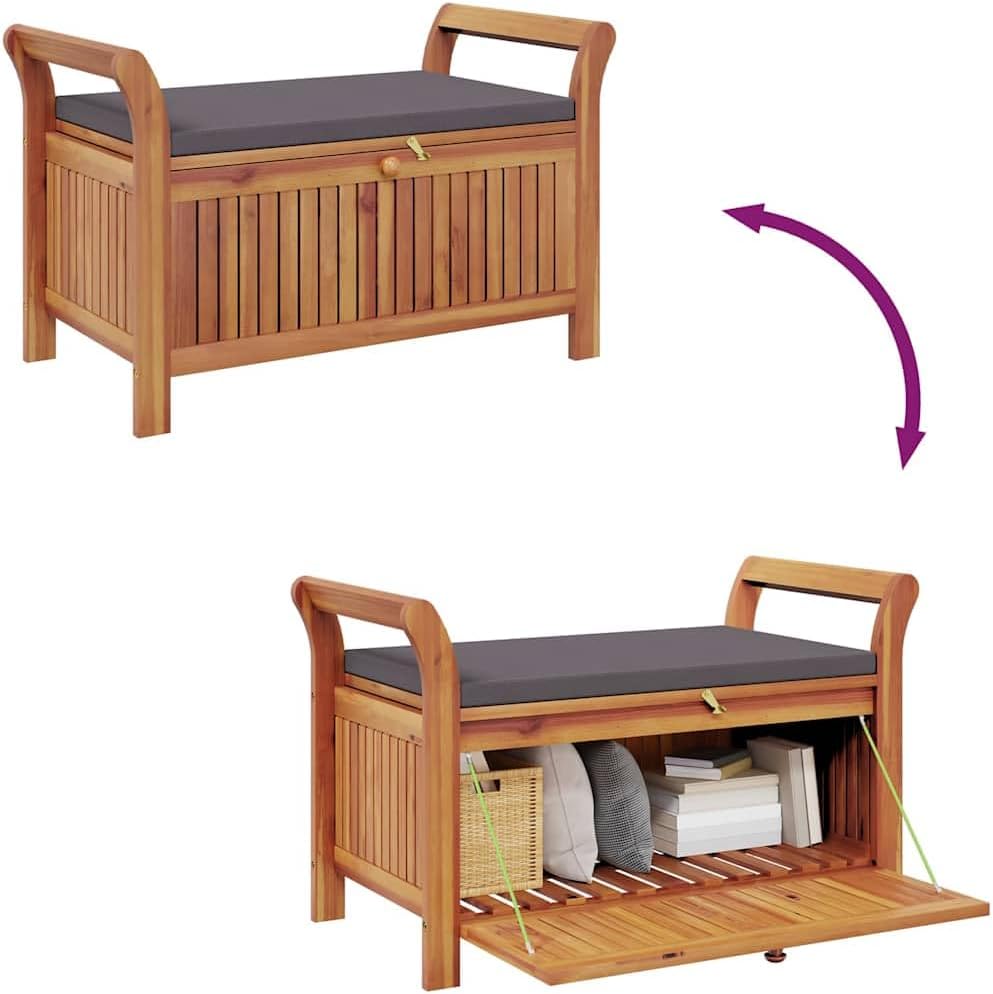 Garden Storage Bench with Cushion, Solid Acacia Wood Outdoor Storage Bench, C...