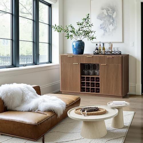 win2win 59" Fluted Sideboard, Wine Bar Cabinet with Faux Marble Top, Walnut