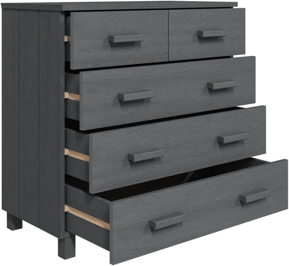 Dark Grey Solid Pine Wood Medium Sideboard with 5 Drawers, Modern Storage Cab...