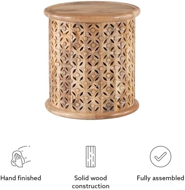 MAKLAINE Transitional Wood Hand Carved Side Table in Natural