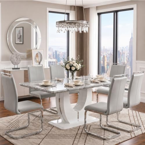 JUFU 7-Piece Dining Table Set for 6, 63-Inch Faux Marble Table