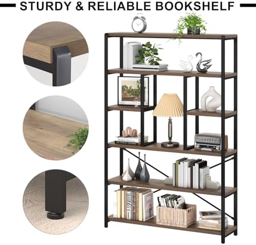 LVB 6 Tier Industrial Bookshelf for Bedroom Living Room Office, Rustic Oak