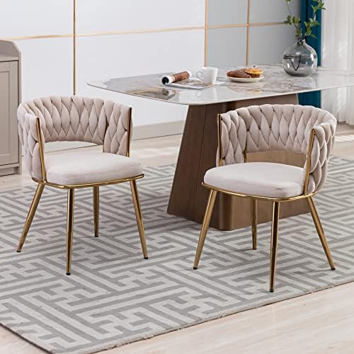 KCC Velvet Dining Chairs Set of 2,Woven Chairs with Metal Legs,Green | Modern...