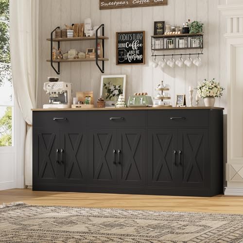 HOSTACK 71"W Farmhouse Kitchen Sideboard Buffet Cabinet with Storage, Black