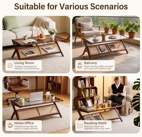 Tiita Brown Rattan Coffee Table, Bamboo Glass Top Table with Storage
