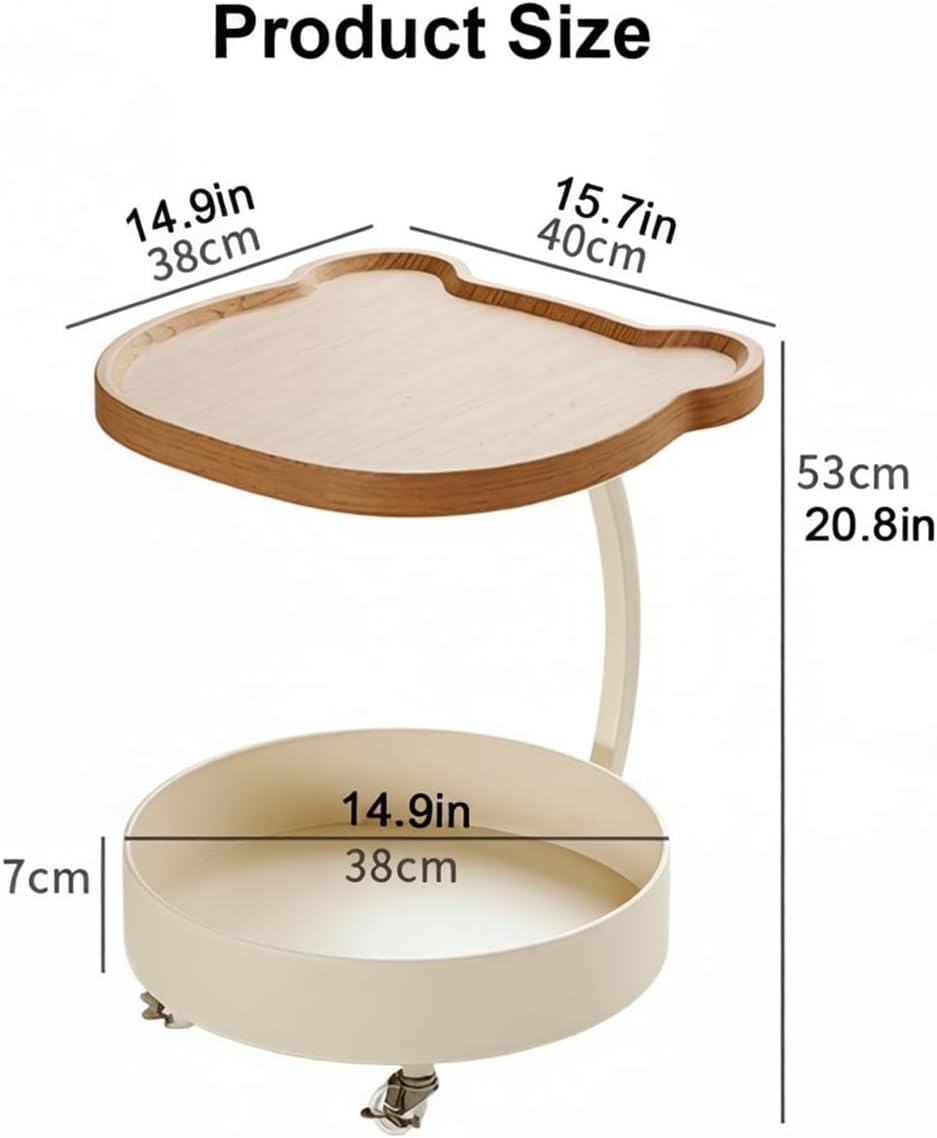 C Shaped End Table, 360°Swivel TV Tray Table with Wheels, Side Table with Sto...