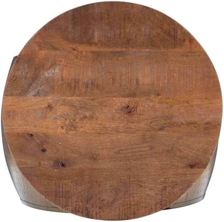 MAKLAINE Large Hammered Metal Drum Table with Storage, Brass Finish, Solid Ma...